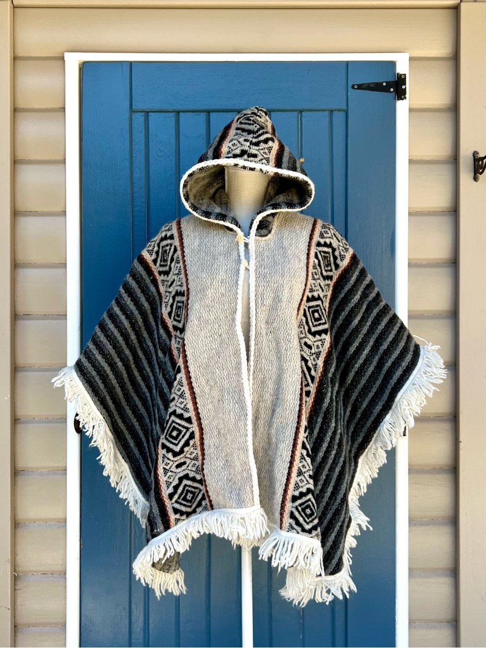 Caymi Hand-woven alpaca wool blend Hooded Cape - Open Front Fringed Poncho Wrap